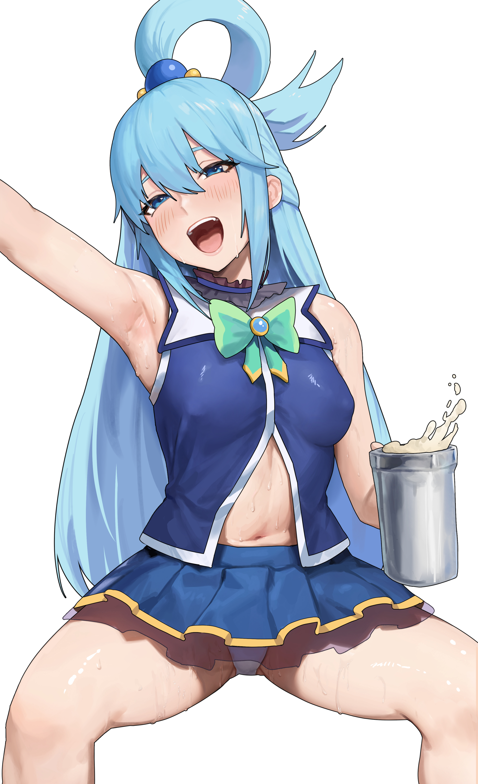 1girls, aqua (konosuba), armpits, beer, belly, belly button, blue eyes, blue hair, blush, bow, breasts, clothed, clothing, collar, eyelashes, female, female only, kono subarashii sekai ni shukufuku wo!, legs, legs apart, long hair, medium breasts, miniskirt, mug, nipple bulge, nipples, noras, open mouth, panties, simple background, sitting, skirt, smile, solo, sweat, sweatdrop, sweaty armpits, sweaty belly, sweaty body, sweaty thighs, white background, white panties