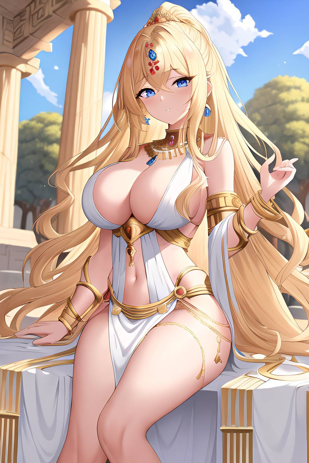 ai generated, aphrodite, aphrodite (greek mythology), blonde hair, blue eyes, blush, breasts, cleavage, cloud, dress, earrings, female, female only, goddess, greek mythology, jewelry, large breasts, long hair, navel, sideboob, sky, solo, stable diffusion