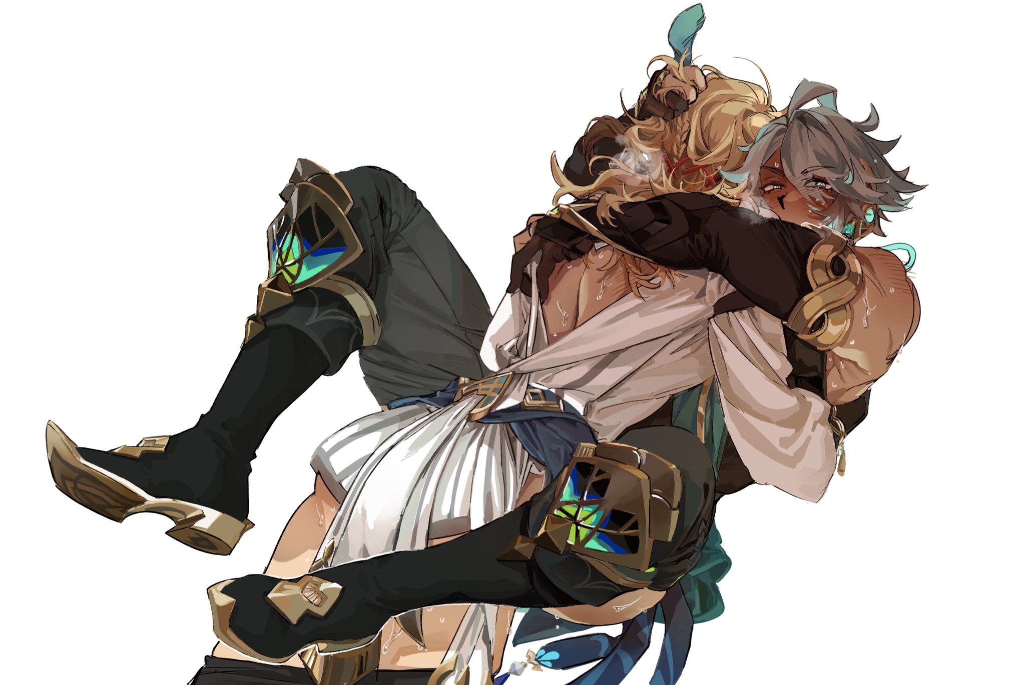 2boys, ahoge, alhaitham (genshin impact), anal, anal sex, blonde hair, blue green eyes, blush lines, blushing, clothed sex, consensual, covered mouth, covered penis, eyes half open, eyes visible through hair, flushed face, gay, gay anal, gay sex, genshin impact, grabbing hair, grey hair, kaveh (genshin impact), looking at viewer, male, male only, male/male, muscular, muscular male, penis, red pupils, sweatdrop, white background