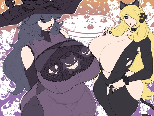 banette breasts_bigger_than_head candy cat_ears cat_tail cauldron cynthia_(pokemon) duskull gengar ghastly halloween hallway haunter hex_maniac large_breasts litwick pokemon pokemon_(species) pumpkaboo skull tagme tagme_(artist) thumbnail witch_hat