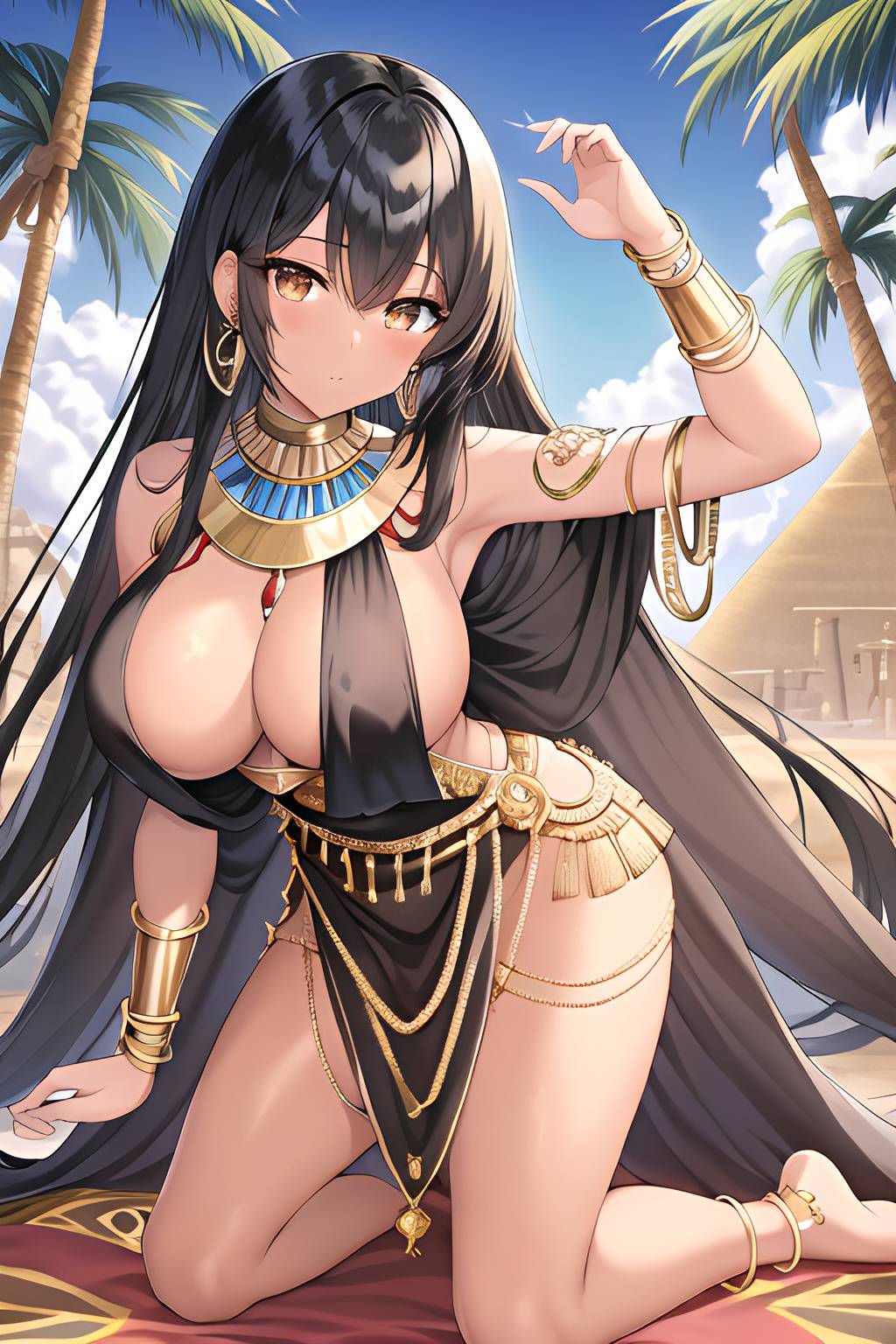 ai_generated ancient ancient_egypt ancient_egyptian ancient_history black_hair bracelet cleavage desert dress earrings egyptian female_only goddess gold_eyes history jewelry kneeling large_breasts long_hair national_personification revealing_clothes sideboob solo stable_diffusion