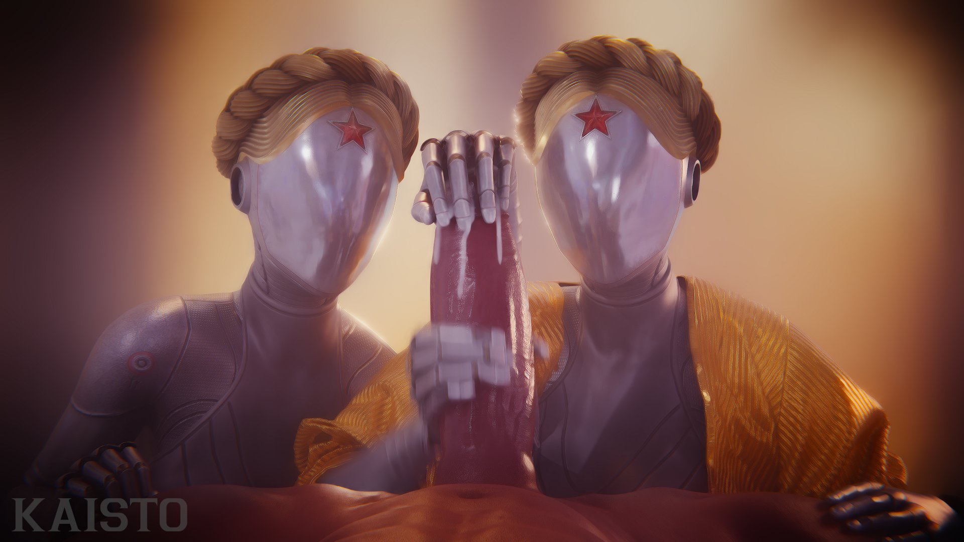 1boy, 2girls, atomic heart, collaborative handjob, dark skin, dark-skinned male, female, hand on penis, handjob, kaisto, left (atomic heart), male, penis, right (atomic heart), robot, robot girl, the twins (atomic heart)