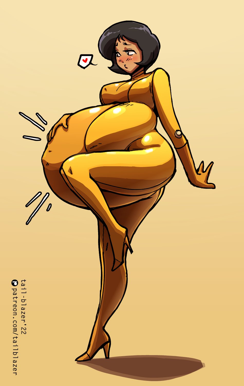 1girls, alex (totally spies), belly, big belly, big breasts, blush, boots, breasts, dark skin, dark-skinned female, female, hand on belly, heel boots, heeled boots, high heel boots, high heels, latina, nipple bulge, pregnant, short black hair, short hair, skintight, tail-blazer, totally spies