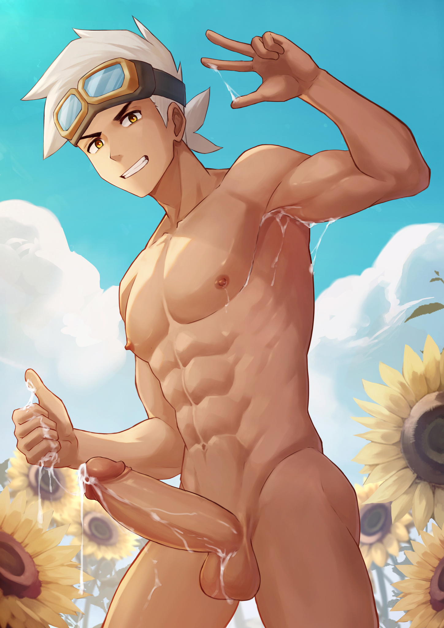 abs, asian, asian male, biceps, big cock, big penis, boner, cum, cum covered, cum on body, east asian, east asian male, erect penis, erection, googles, hard on, huge cock, looking at viewer, male, male only, muscles, muscular, muscular male, outdoors, outside, pecs, penis, pokemon, pokemon (anime), pokemon horizons, posing, professor friede, silvanes, standing, sunflowers