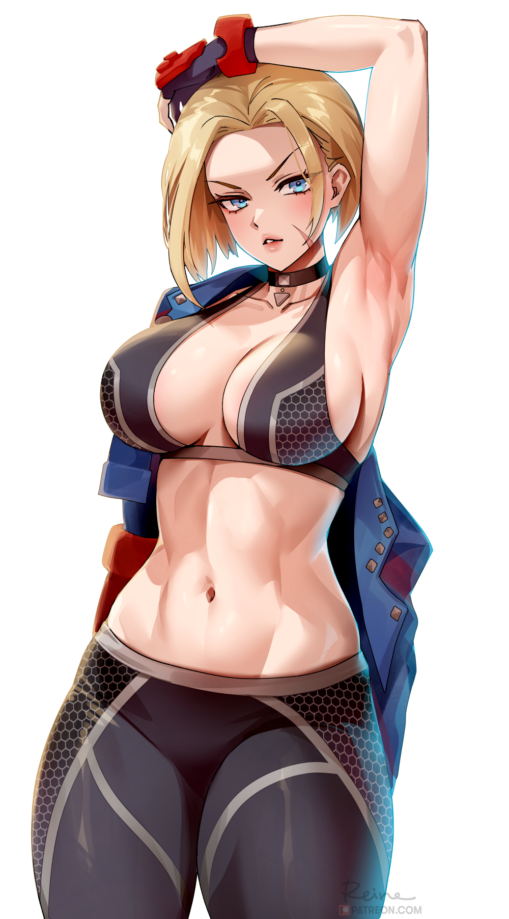 1girls armpits arms_up blonde_hair blue_eyes breasts cammy_white capcom facial_scar female female_only fit fit_female foxy_rain_(foxyreine) foxyrain_(foxyreine) foxyreine fully_clothed jacket large_breasts light-skinned_female light_skin navel short_hair solo sports_bra sportswear street_fighter street_fighter_6 thick_thighs tight_pants toned wide_hips