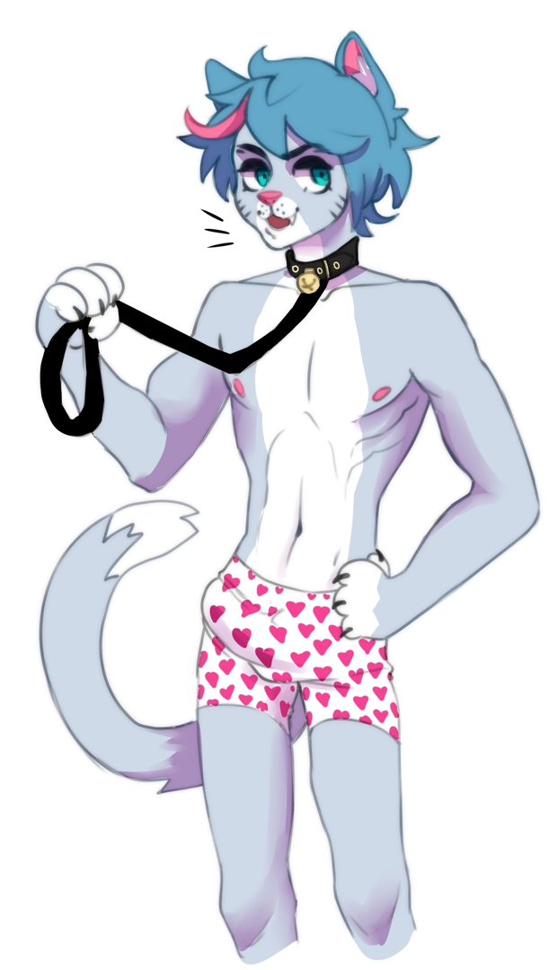 anthro blue_hair boxers bulge cat_ears cat_tail collar furry leash male male_only sima_(vkontakte) smirk tail underwear vkontakte