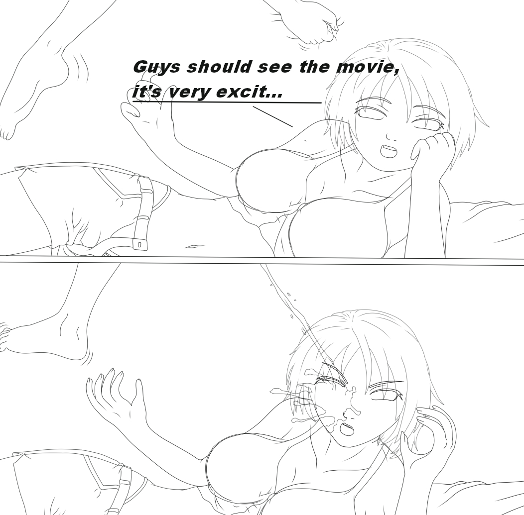 1boy 2girls bible_black comic cum_on_face female imari_kurumi large_breasts line_art male meme minase_taki minase_yukiko movie short_hair shorts suprised text