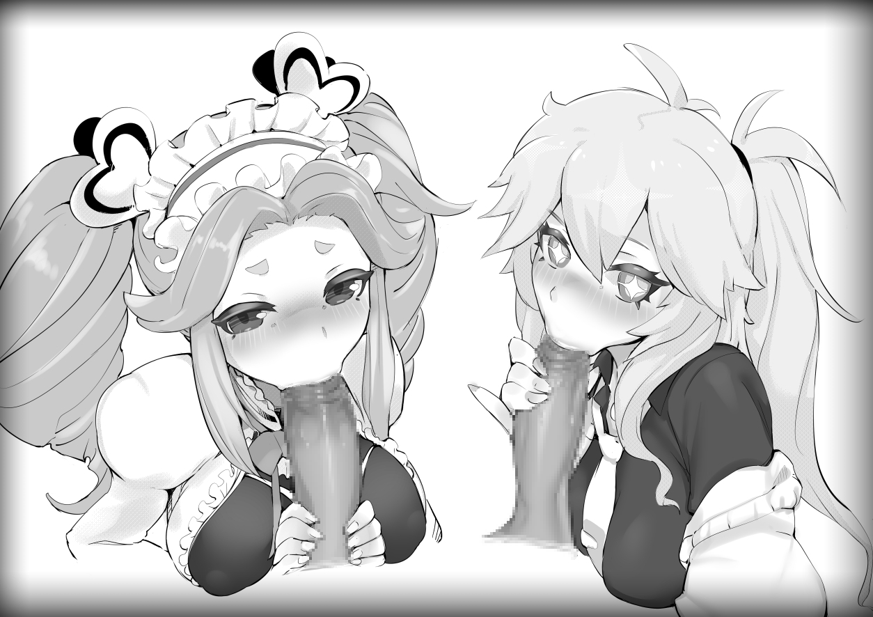 :>=, + +, 2boys, 2girls, blowjob, blush, breasts, censored, erect nipples, erect nipples under clothes, erection, fellatio, female, greyscale, hair ornament, heart, hi res, high resolution, highres, looking at viewer, maid, maid headdress, male, monochrome, mosaic censoring, multiple boys, multiple females, multiple girls, multiple males, nipples, oral, original, penis, pochincoff, ponytail, saliva, saliva on penis, sex, tied hair, twintails