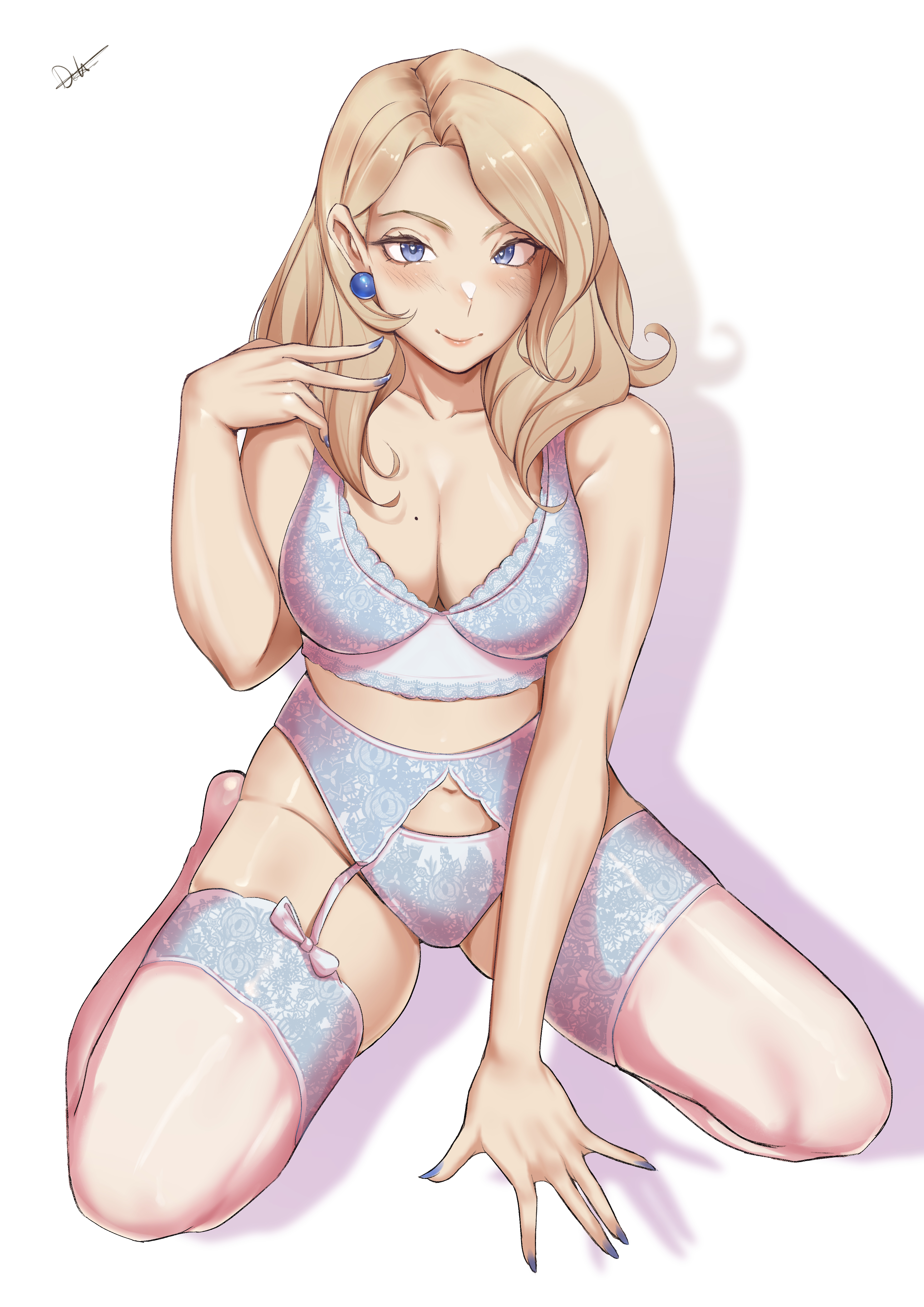 1girls, absurdres, alternate hairstyle, bare thighs, blonde hair, blue eyes, blue lingerie, blue nails, blue panties, blush, breasts, cleavage, closed mouth, commentary, delicious brain, deliciousbra, earrings, female, female only, fire emblem, fire emblem warriors: three hopes, fire emblem: three houses, garter belt, garter straps, general, highres, jewelry, large breasts, lingerie, looking at viewer, medium hair, mercedes von martritz, mole, mole on breast, nail polish, navel, nintendo, official alternate hairstyle, panties, seiza, simple background, sitting, smile, solo, thighhighs, thighs, underwear, white panties