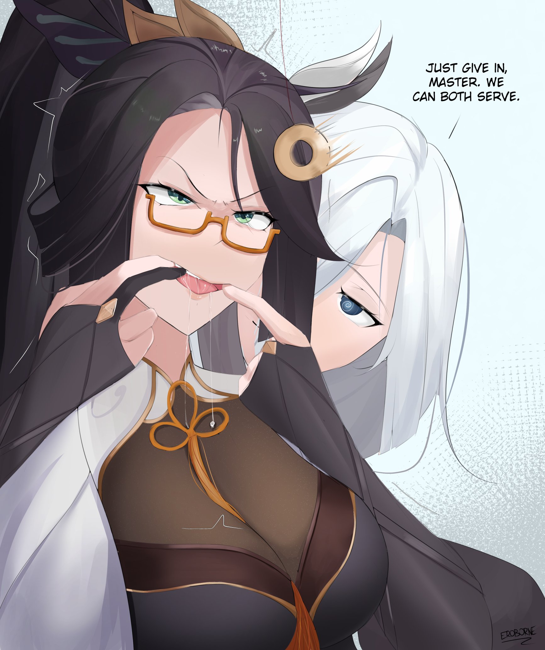 2girls, black hair, cleavage, dialogue, drooling, eroborne, female, genshin impact, glasses, hypnosis, long hair, mind control, ponytail, shenhe (genshin impact), suggestive, text, white hair, xianyun (genshin impact)
