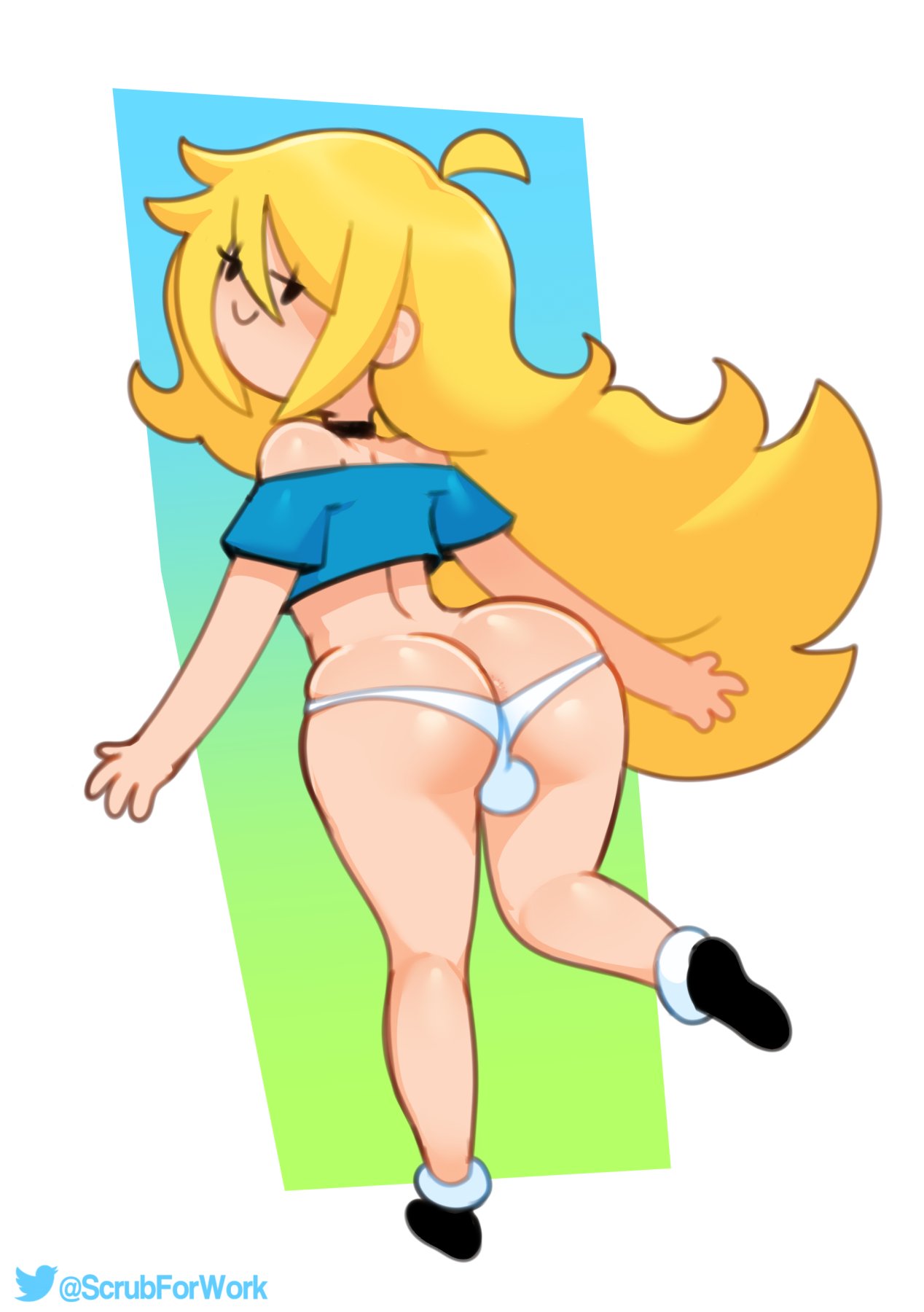 adventure time, ass, ass cleavage, ass crack, balls, balls bulge, big ass, big butt, black choker, blonde hair, butt crack, choker, collar, crossdressing, eyelashes, femboy, finn the human, light skin, light-skinned male, long hair, looking at viewer, looking back, male, male only, panties, somescrub, white panties