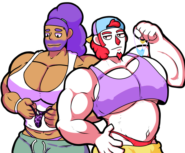 admiring bara clown clown_boy dark-skinned_male draconicprince_(artist) looking_at_viewer muscle musclegut scratchin_melodii skimpy_clothes synthz_mcwave tagme thong yaoi