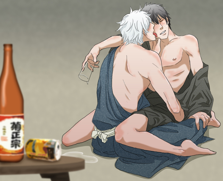 2boys alcohol black_hair blush drunk full_body gb_(doubleleaf) gintama gintoki_sakata hijikata_toshiro kimono licking licking_face male male_only off_shoulder open_kimono sitting sitting_on_lap sitting_on_person sweat tongue_out white_hair yaoi