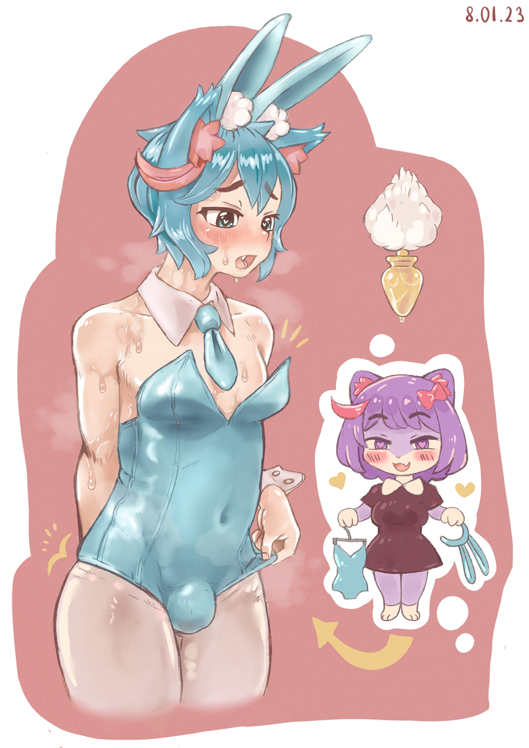 1boy anthro blue_hair bunny_ears bunny_tail bunnysuit buttplug buttplug_tail cat_ears catboy female femboy femdom feminization furry girly incest male masyunya_(vkontakte) sima_(vkontakte) sweat sweaty sweaty_body vkontakte