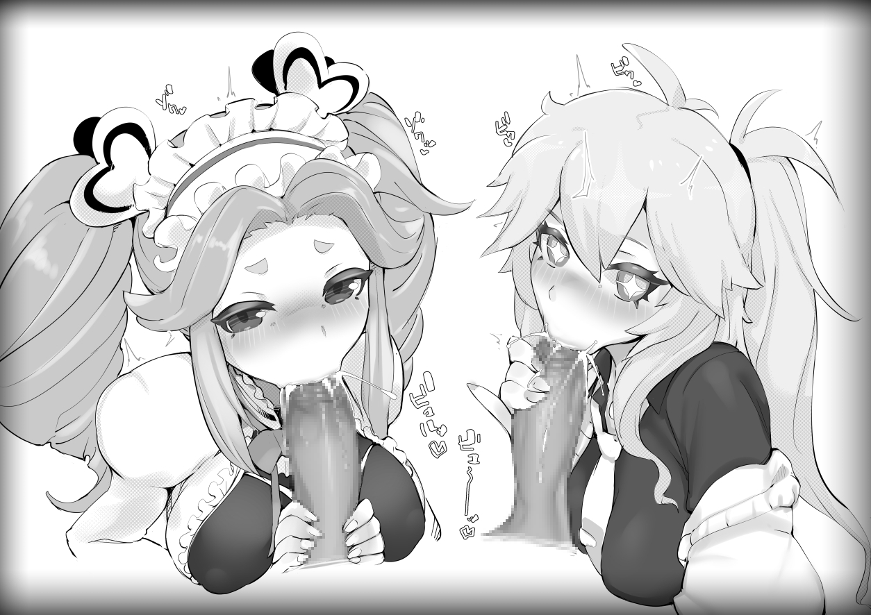 :>=, + +, 2boys, 2girls, blowjob, blush, breasts, censored, cum, cum in mouth, cum inside, ejaculation, erect nipples, erect nipples under clothes, erection, fellatio, female, greyscale, hair ornament, heart, hi res, high resolution, highres, japanese text, looking at viewer, maid, maid headdress, male, monochrome, mosaic censoring, multiple boys, multiple females, multiple girls, multiple males, nipples, oral, original, penis, pochincoff, ponytail, saliva, saliva on penis, sex, text, tied hair, trembling, twintails