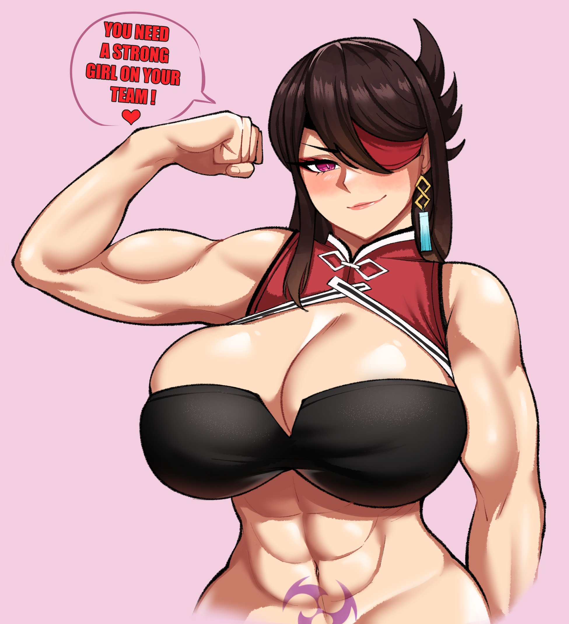 1girls, abs, beidou (genshin impact), breasts, brown hair, dialogue, english text, eyepatch, female, fit, fit female, flexing, genshin impact, hair over one eye, huge breasts, light skin, light-skinned female, long hair, lord socar, muscular, muscular female, text