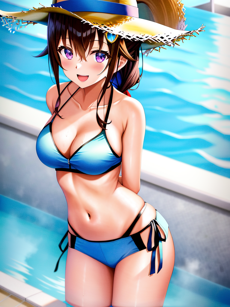 ai_generated arms_behind_back bikini hair_between_eyes hair_ornament hands_behind_back hat hololive medium_breasts pool smile thighs tokino_sora virtual_youtuber yo_dayo_(ai)