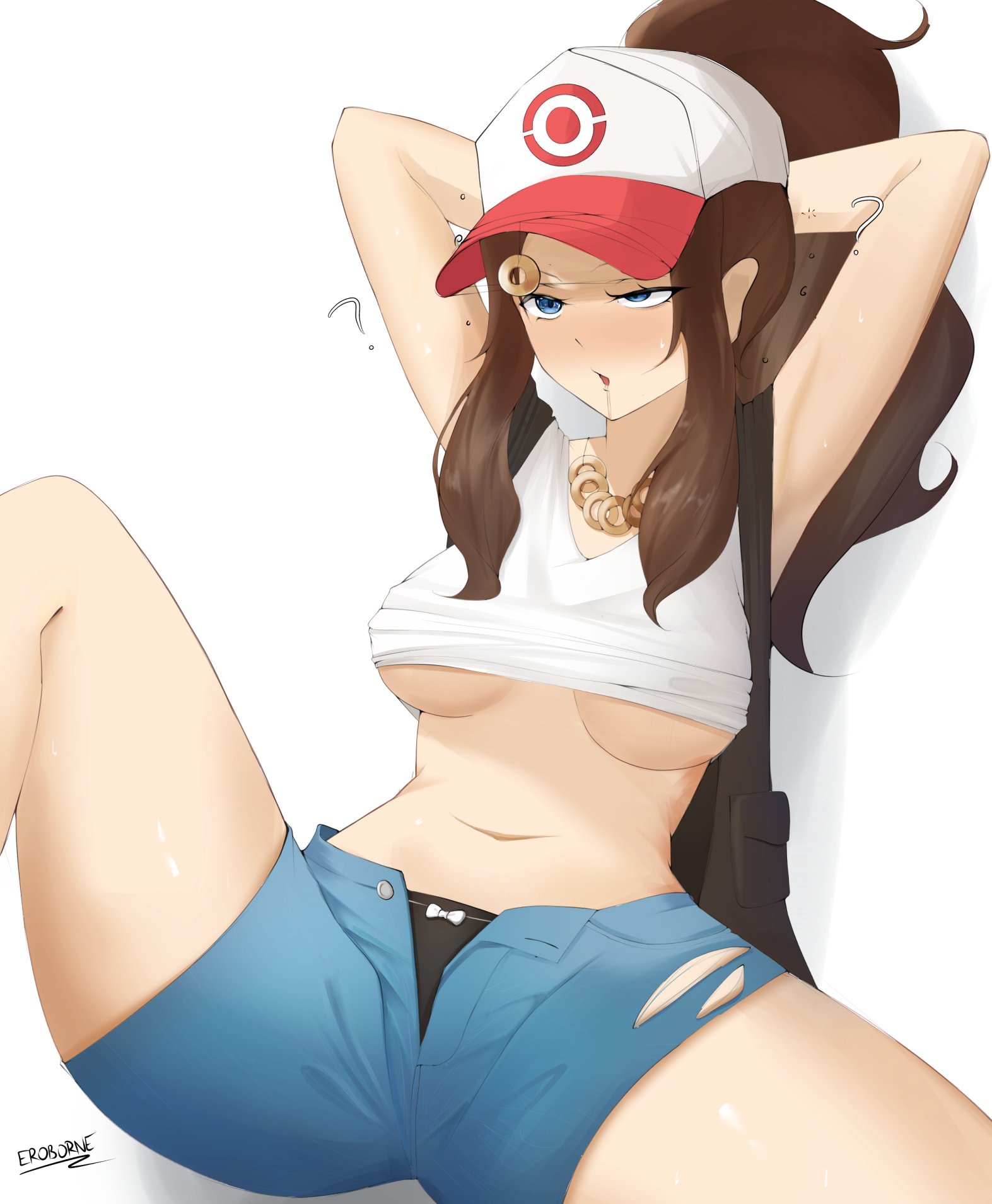 1girls, 2023, armpits, arms up, artist signature, baseball cap, blush, breasts, brown hair, crop top, daisy dukes, drooling, eroborne, female, game freak, hands behind head, hilda (pokemon), hourglass figure, hypnosis, long brown hair, long hair, long ponytail, medium breasts, nintendo, panties, pokeball logo, pokemon, pokemon bw, ponytail, question mark, spoken question mark, spread legs, thick thighs, unbuttoned shorts, underboob, white background