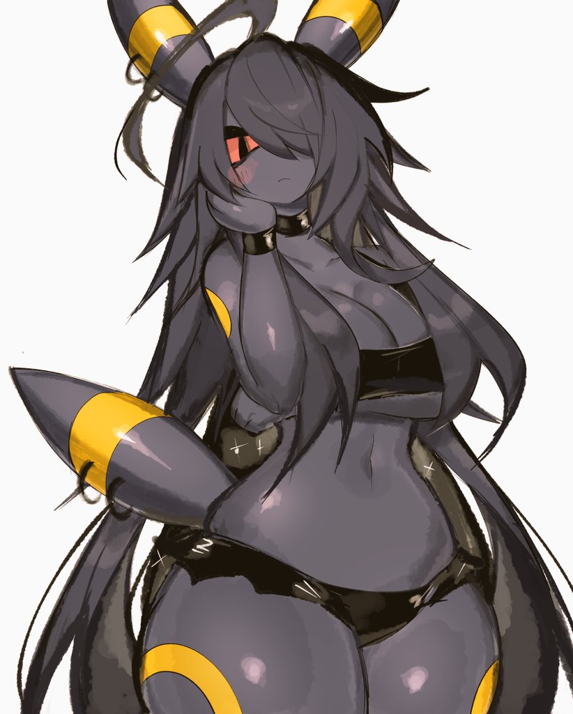 anthro, anthrofied, big breasts, breasts, cleavage, clothing, cute, eeveelution, embarrassed, female, fur, furry, furry only, nintendo, pokemon, pokemon (species), solo, thick thighs, umbreon, usa37107692, wide hips