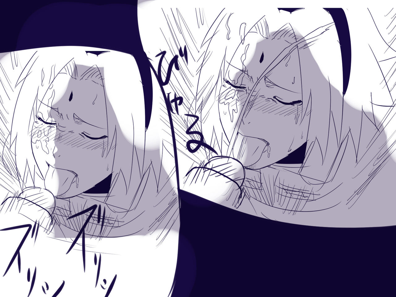 black and white, closed eyes, cum on face, cumshot, facial, facial mark, female, male, naruto, naruto (series), nier (artist), open mouth, partial male, questionable consent, sakura haruno, tongue, tongue out