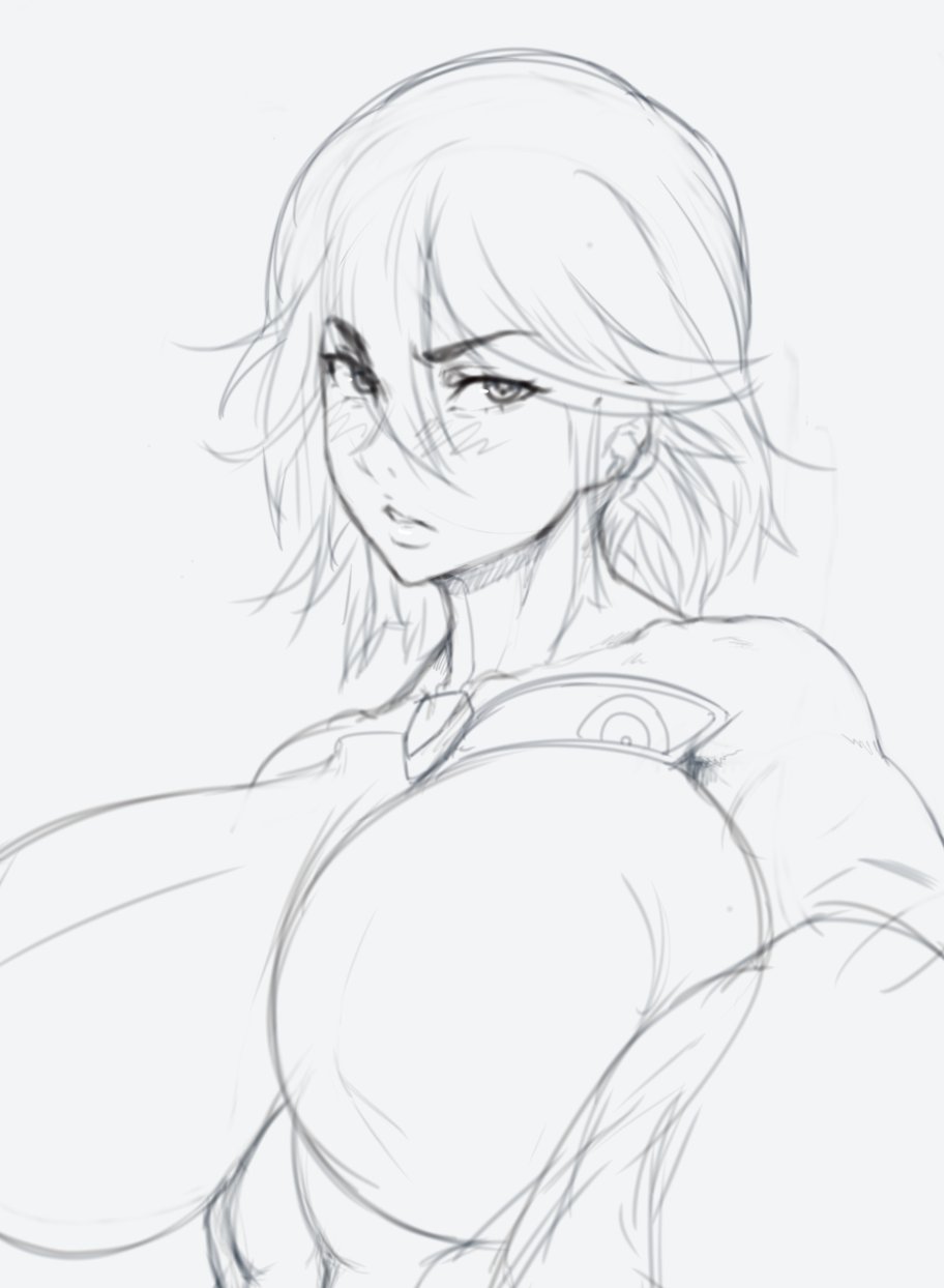 1girls, abs, angry face, ass, big breasts, blush, breasts, female, female only, kill la kill, kunaboto (style), large areolae, large ass, looking at viewer, matoi ryuuko, nipple bulge, senketsu, short hair, sketch, solo, supersolenoid