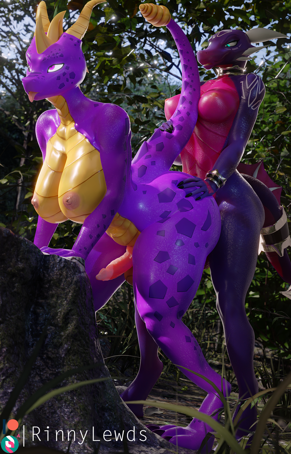 3d, activision, anthro, anthrofied, areola, ass, athletic, athletic futa, bent over, big ass, big butt, blender (software), blue eyes, bracelet, breasts, collar, cynder, dragon, futa on futa, futa/futa, futanari, genderswap, genderswap (mti), grass, hi res, horn, intersex, intersex/intersex, jewelry, mti crossgender, nipples, non-mammal breasts, non-mammal nipples, nude, obscured penetration, plant, purple body, purple eyes, purple scales, rinny, rule 63, scales, scalie, sex, spyro, spyro the dragon, stomach bulge, tongue, tongue out, tree, yellow body, yellow scales