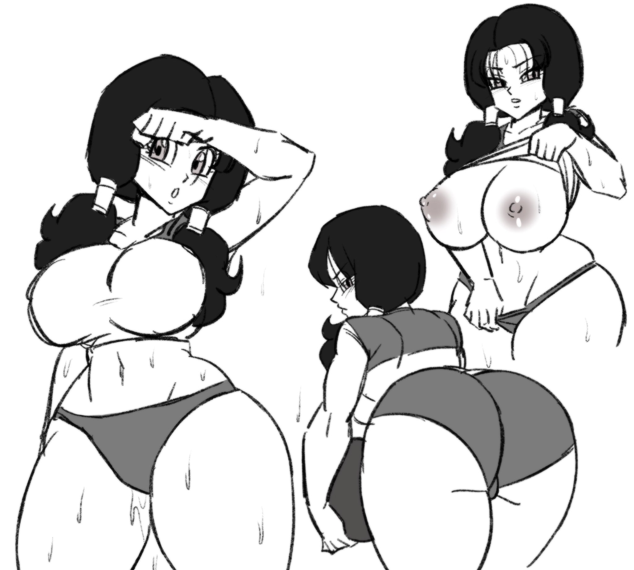 1girls, ass, breasts, darwaarts, dragon ball, female, female only, huge ass, huge breasts, monochrome, shirt lift, shounen jump, solo, solo female, sweat, thick thighs, videl, wide hips