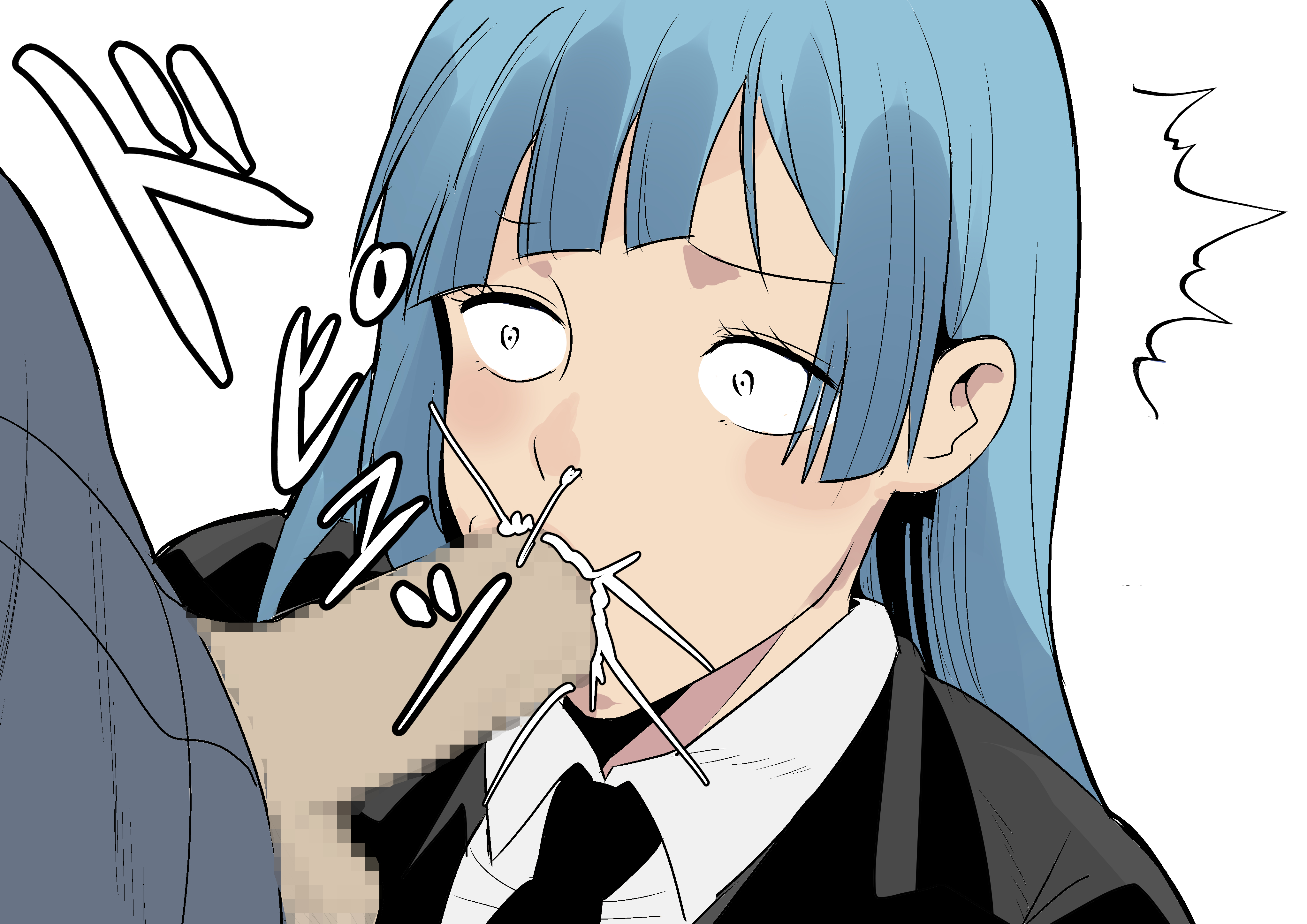 1boy, 1girls, bangs, blowjob, blue hair, blue-haired female, clothed, cum, cum in mouth, fellatio, female, jujutsu kaisen, kasumi miwa, male, nier (artist), oral, oral sex, partial male, satoru gojo, surprised, surprised expression