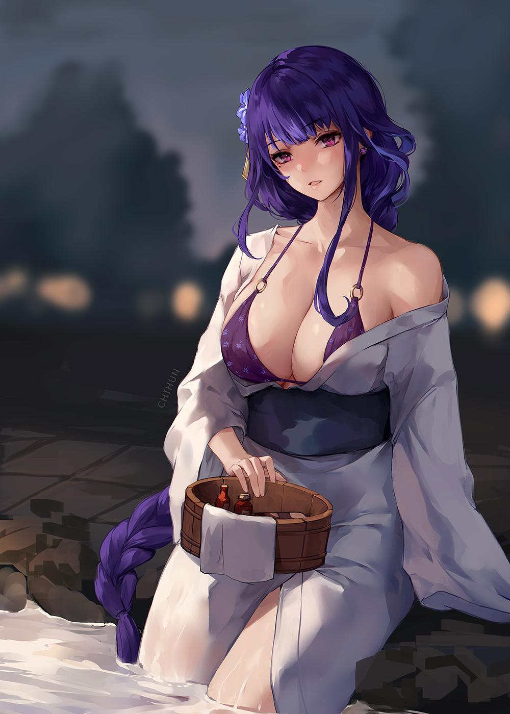 1girls, bikini top, blush, braided hair, breasts, chihunhentai, female, female only, genshin impact, hot spring, huge breasts, kimono, light skin, light-skinned female, long hair, onsen, outdoors, purple eyes, purple hair, raiden shogun, solo, solo female, thick thighs, very long hair, wide hips