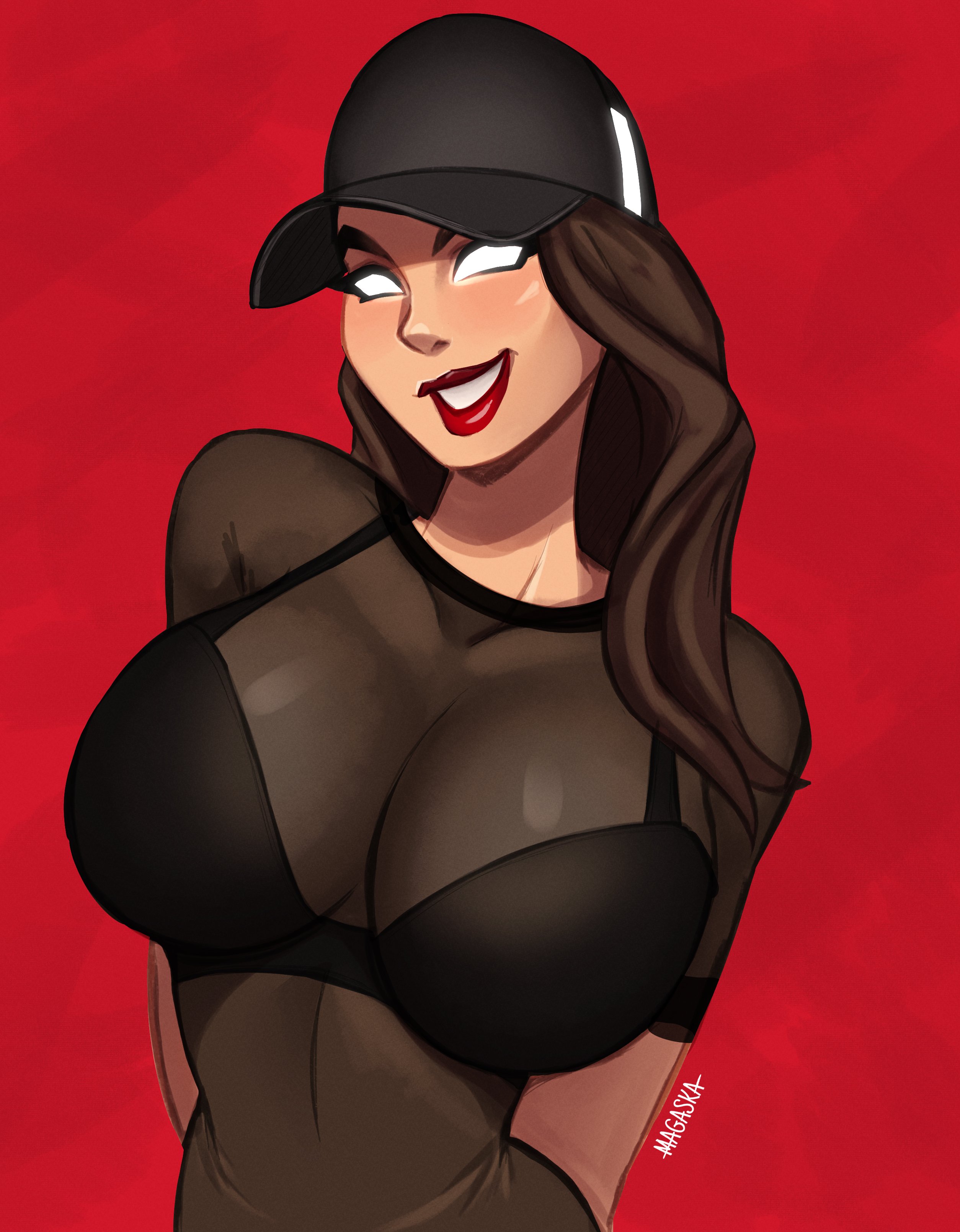 big breasts, black cap, breasts, brown hair, female, fortnite, fortnite: battle royale, magaska19, non-nude, ruby (fortnite), white eyes