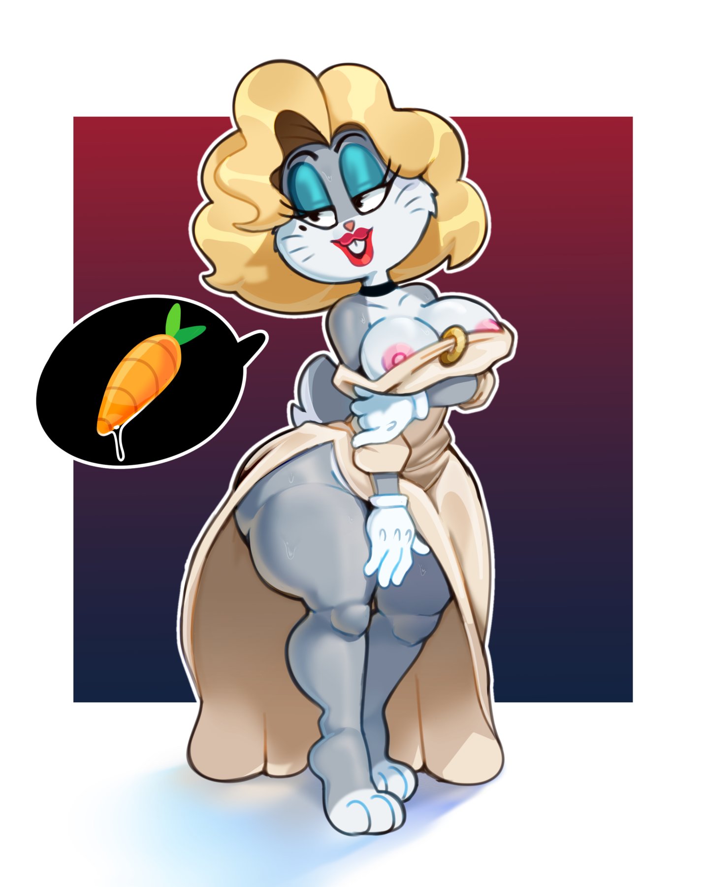 1girls, big breasts, blonde hair, breasts, buckteeth, bugs bunny, bunny ears, bunny girl, bunny tail, female, furry, gloves, grey fur, lipstick, looney tunes, nipples, red lipstick, rule 63, solo, solo female, solo focus, somescrub, white gloves