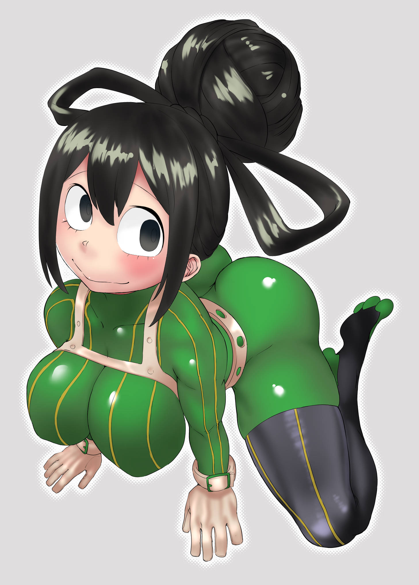 1girls, big breasts, black hair, black-haired female, breasts, curvaceous, curvy body, curvy female, curvy figure, female, female focus, female only, frog girl, hemelopa, hi res, highres, latex suit, my hero academia, seductive look, tsuyu asui, voluptuous, voluptuous female