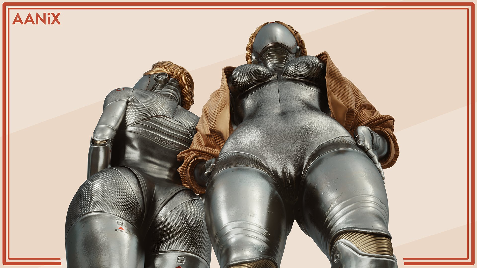 2girls, 3d, aanix, ass, atomic heart, big ass, blonde, blonde hair, cameltoe, clothed/nude, duo, duo focus, faceless character, female, female only, left (atomic heart), low-angle view, multiple females, multiple girls, nude, nude female, partially clothed, pussy, right (atomic heart), robot, robot girl, robot humanoid, shiny skin, tagme, the twins (atomic heart), thick thighs, wide hips, worm's-eye view