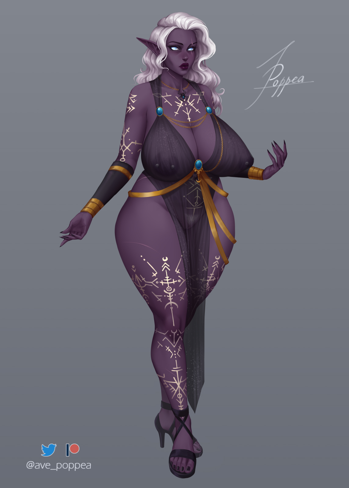 ave poppea, blizzard entertainment, breasts, cleavage, dark elf, elf, female, female only, heavy breasts, high heels, huge breasts, long hair, nightborne, nipple piercing, nipples, oc, piercing, pointy ears, pubic hair, revealing clothes, see-through, solo, tagme, tattoo, thick thighs, warcraft, white hair, world of warcraft