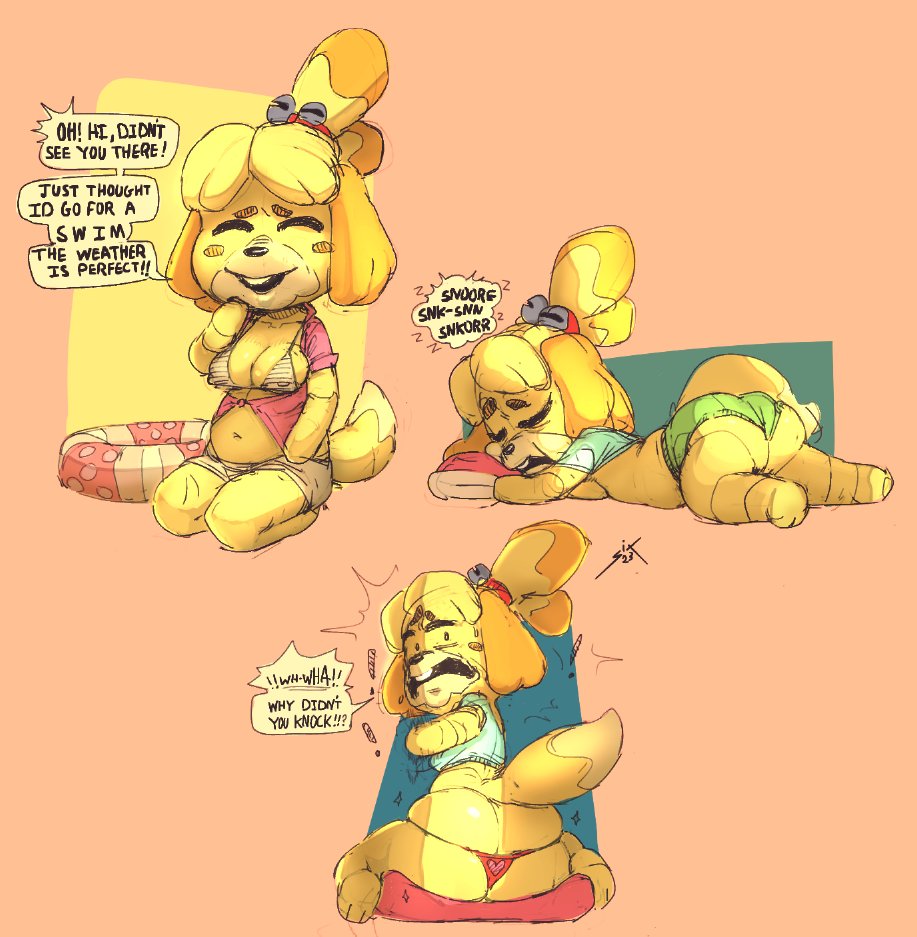 1girls, animal crossing, anthro, ass, ass cheeks, ass cleavage, ass crack, ass focus, ass up, big ass, bikini, bikini top, blonde hair, breasts, buckteeth, butt crack, canid, canine, canis, chubby, chubby female, clothed, clothing, dialogue, embarrassed, english text, eyebrows, fat ass, female, fur, furry, furry only, hairband, isabelle (animal crossing), nintendo, panties, shorts, sixsidesofmyhead, sleeping, slightly chubby, surprised, tail, text, thick, thick ass, thick thighs, thong, yellow body