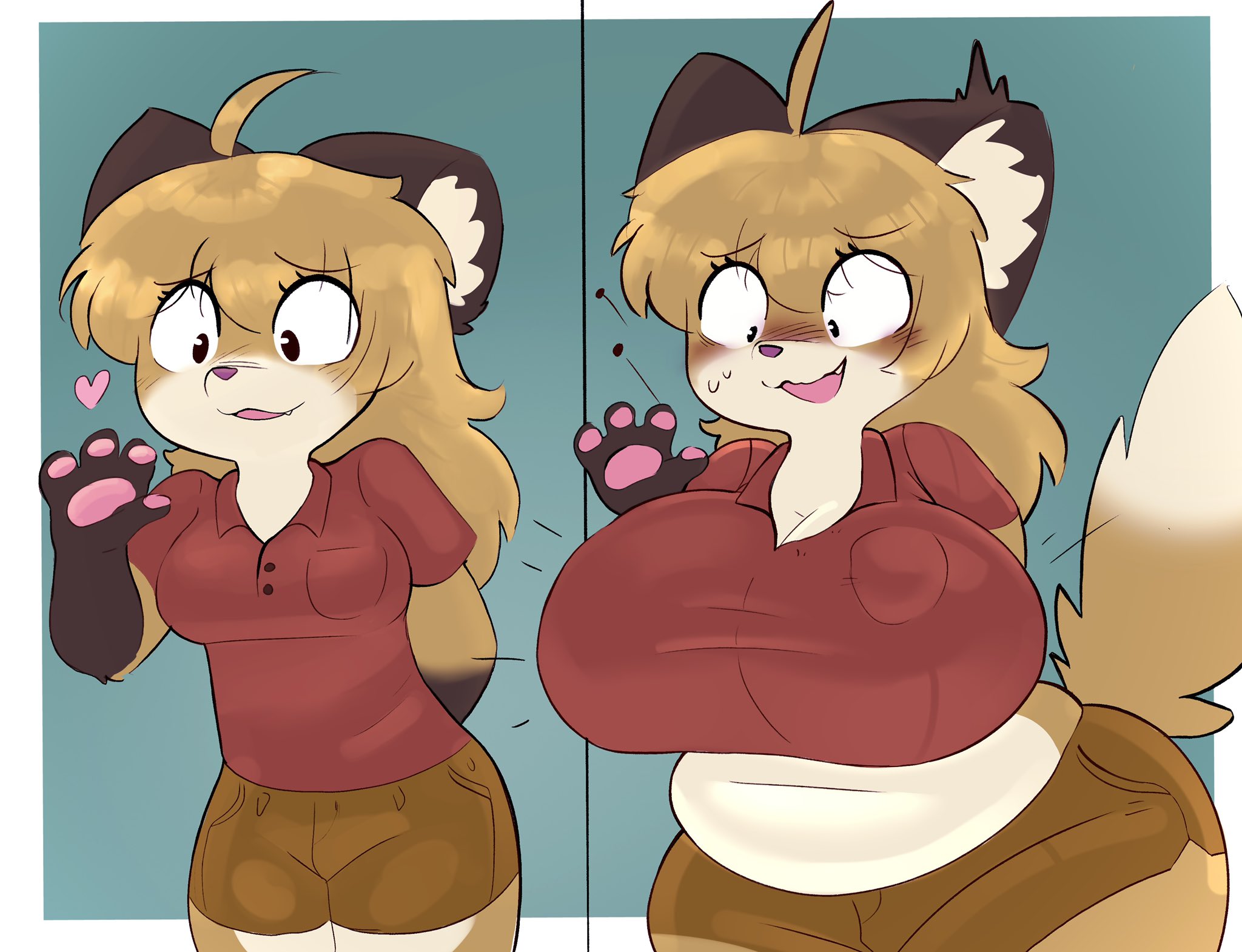 anthro, ass, ass expansion, big breasts, blush, breast expansion, breast growth, breast growth (enlargement), breasts, button pop, buttons, chubby, clothed, clothing, female, fujiko (inazuma kat), fur, furry, furry only, heart, huge ass, huge breasts, inazuma kat, shorts, tail, thick thighs, wardrobe malfunction, wide hips