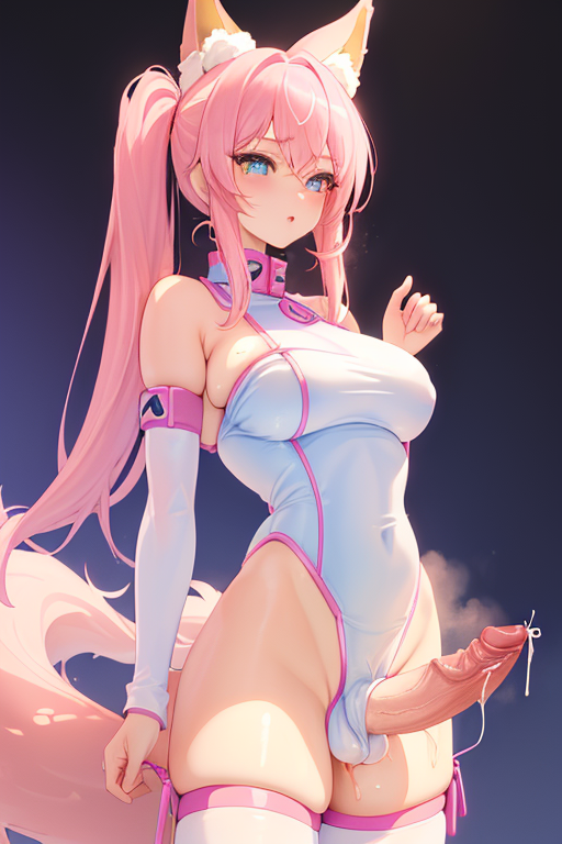 1futa ai_generated ball_bulge ball_squish blue_eyes breasts clothed fox_ears fox_tail futa_only futanari kitsune pink_hair pinkeiru_(vtuber) twintails virtual_youtuber vtuber white_skin