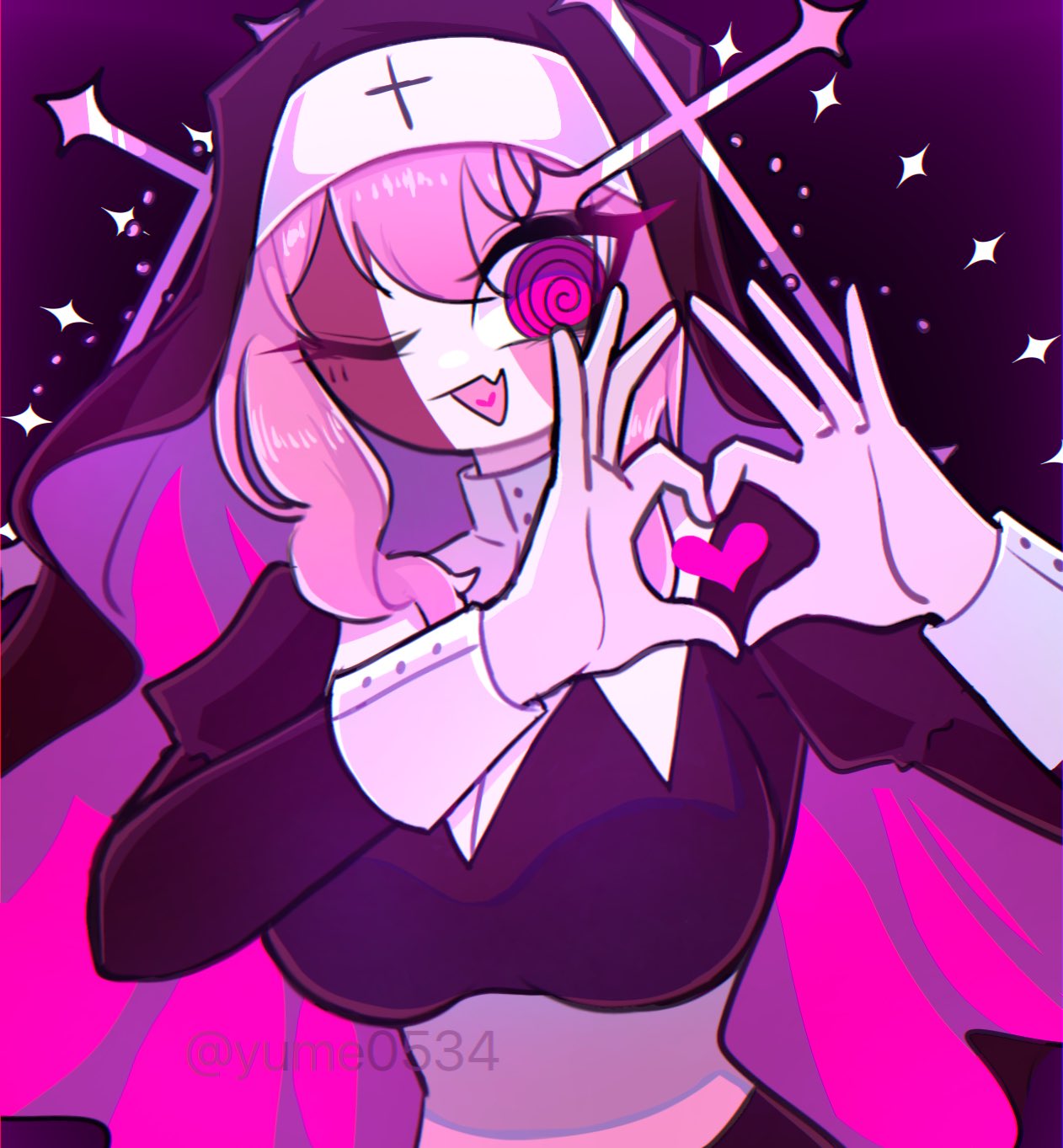 1girls big_breasts crucifix cute female female_only friday_night_funkin hand_gesture hearts hypnosis looking_at_viewer mind_control nun pink_eyes pink_hair sarvente sarvente_(dokki.doodlez) sarvente_(friday_night_funkin) smiling star swirly_eyes wink yume0534