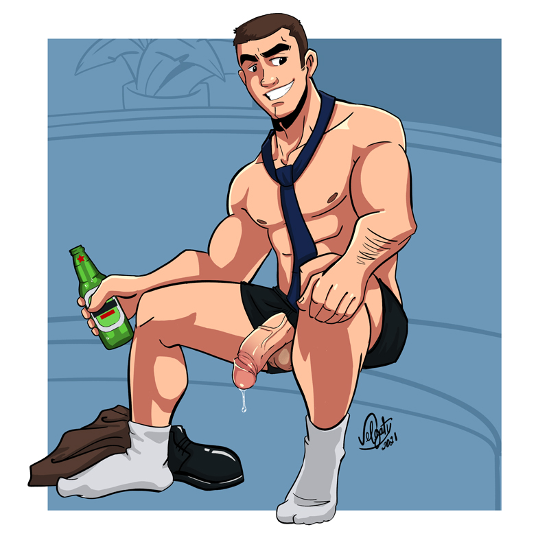 1boy beer boner erect_penis erection hard_on male male_only muscles muscular muscular_male penis_out penis_through_leghole precum precum_drip q-force rick_buck sitting spread_legs veiny_penis velgaty