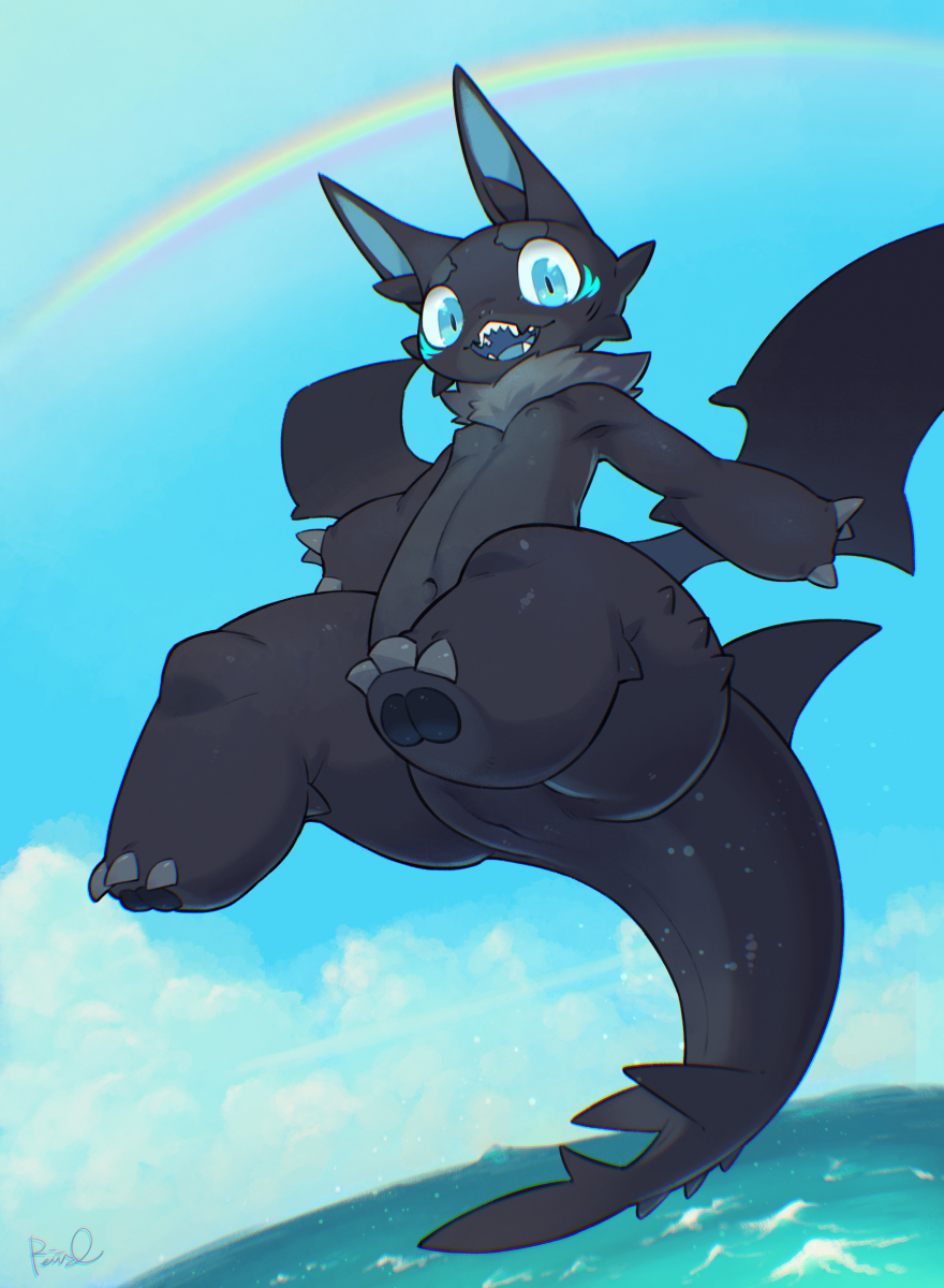 ambiguous_gender animal_genitalia anthro bat black_body black_pawpads blue_eyes blue_mouth butt_wings claws detailed_background dragon fish gawgaw genital_slit genitals hi_res hybrid looking_at_viewer mammal marine neck_tuft open_mouth outside pawpads pupils rainbow razy sea semi-anthro shark slit slit_pupils thick_thighs tuft water wide_hips wings