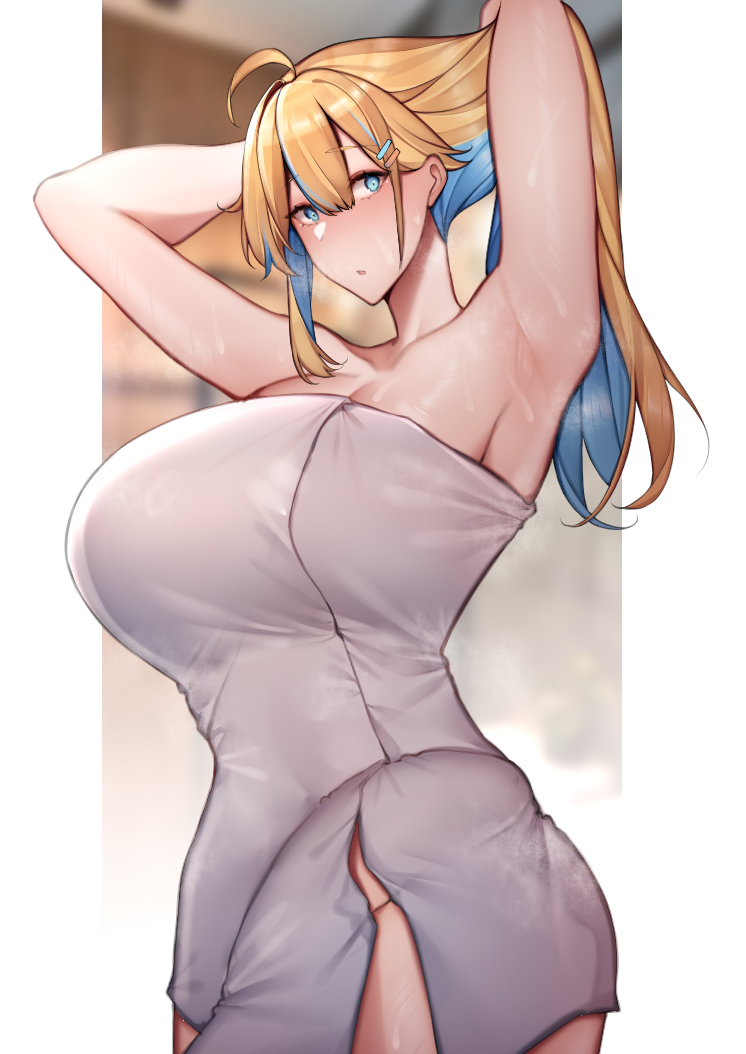 1futa, armpits, arms up, blonde hair, blue eyes, blue hair, breasts, bulge, clothed, clothing, futa only, futanari, high resolution, hips, huge breasts, huge cock, human, intersex, light skin, light-skinned futa, long hair, mostly clothed, original, original character, penis, solo, standing, thick thighs, thighs, towel, towel only, two-tone hair, unbeller, wet, wet body, wide hips