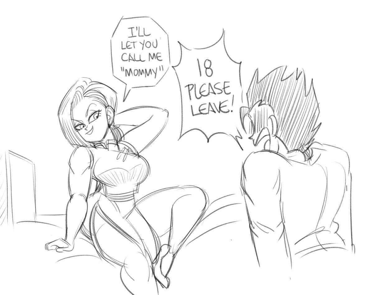 1boy, 1girls, age difference, android 18, big breasts, breasts, clothed, clothing, dialogue, dragon ball, dragon ball z, english text, female, funsexydragonball, inviting, inviting to sex, male, mature female, milf, mommy kink, older female, seductive, short hair, smile, smirk, son gohan, speech bubble, text, thick thighs, voluptuous, younger male