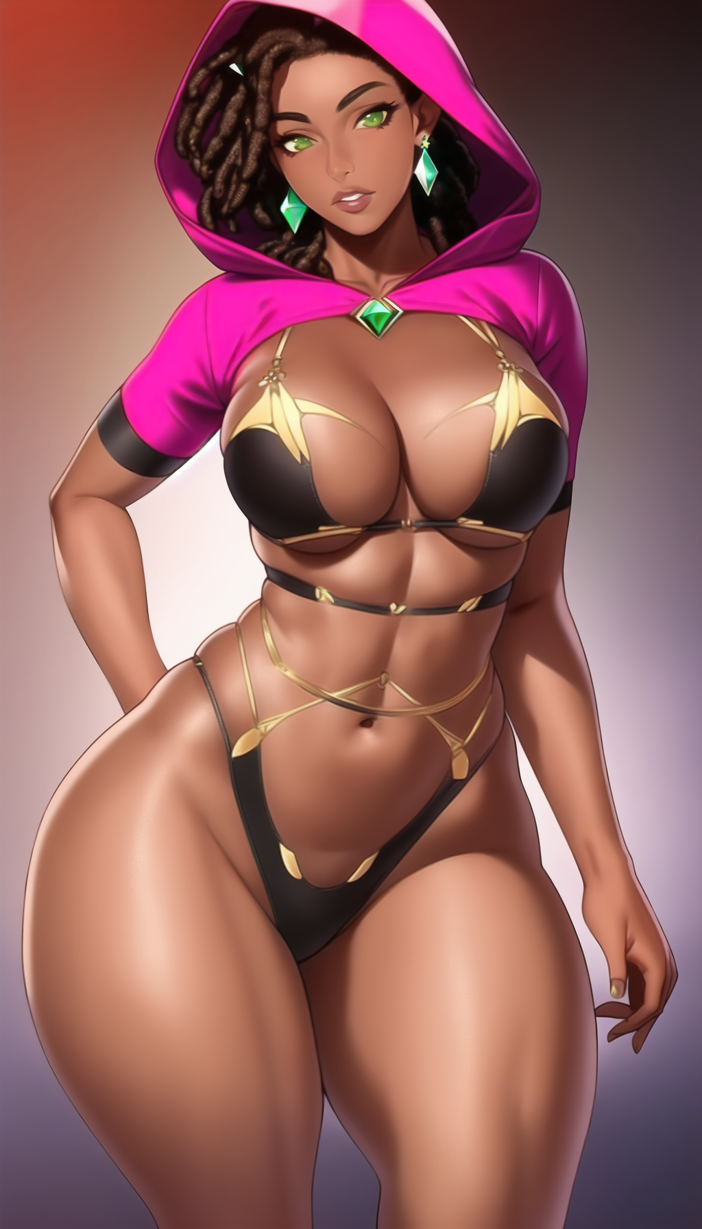 1girls, ai generated, bikini, brown hair, dark skin, dark-skinned female, female, green eyes, hood up, league of legends, senna (league of legends), thick thighs