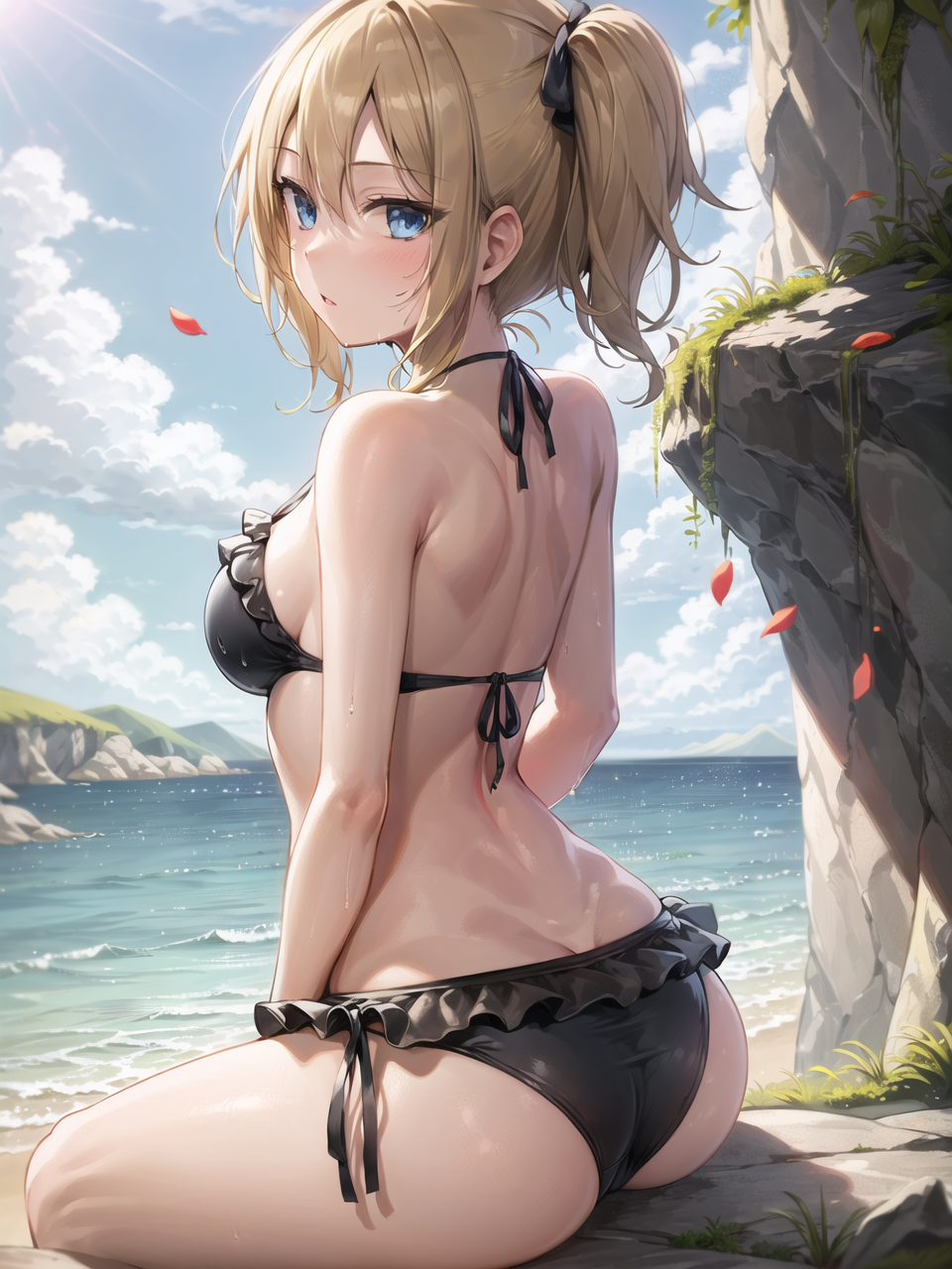 1girls, ai generated, ass, ass cleavage, ass crack, bikini, blonde hair, blue eyes, butt crack, curvaceous, curvy body, curvy female, curvy figure, female, female only, frilled bikini, hayasaka ai, hi res, high resolution, kaguya-sama wa kokurasetai ~tensai-tachi no renai zunousen~, looking at viewer, looking back, seductive look, solo, voluptuous, voluptuous female