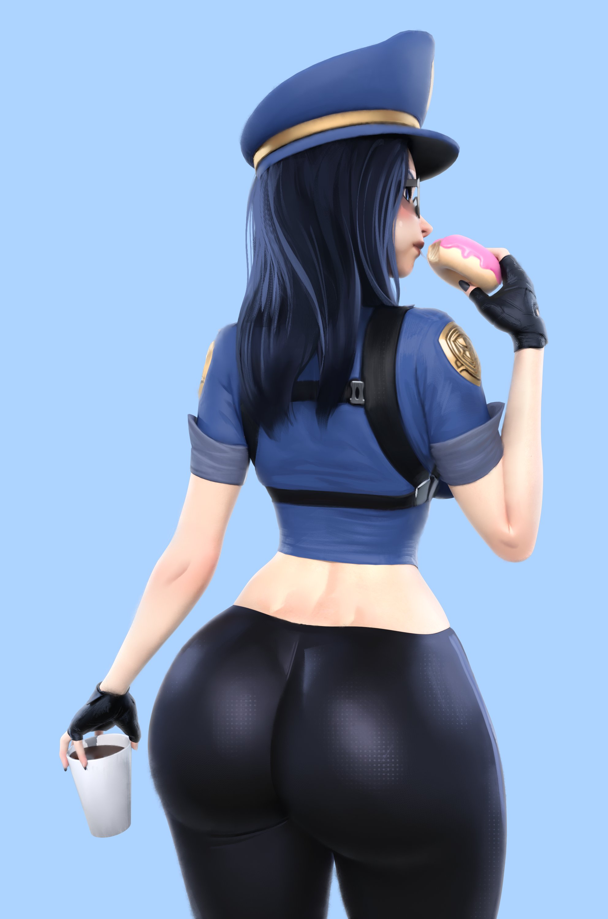 1girls, 2023, 3d, 3d (artwork), ass, ass focus, big ass, big butt, black hair, blush, blushing, bottom heavy, caitlyn kiramman, coffee, coffee cup, cops and robbers series, donut, eating, female, female focus, female only, fingerless gloves, food, gloves, hi res, high resolution, highres, huge ass, huge butt, large ass, large butt, league of legends, league of legends: wild rift, light skin, light-skinned female, long hair, officer caitlyn, police, police badge, police hat, police officer, police uniform, policewoman, popogori, riot games, shades, small waist, solo, solo female, solo focus, sunglasses, the grind series, tight clothing, wide hips