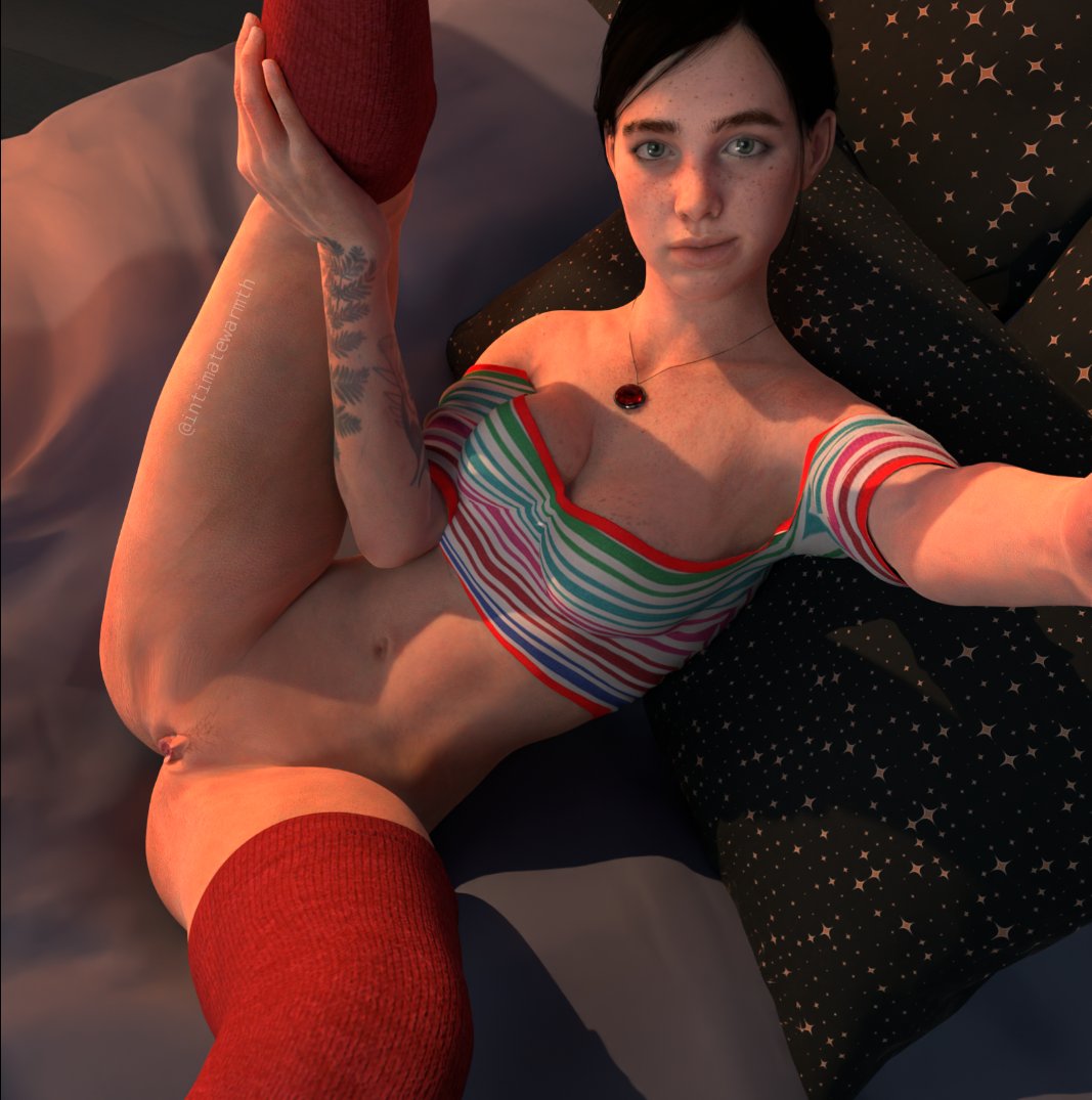 3d, ass, bare shoulders, blue eyes, bottomless, breasts, brown hair, bubble ass, bubble butt, cleavage, crop top, ellie (the last of us), ellie williams, exposed pussy, female, female focus, female only, flexible, freckles, hourglass figure, intimatewarmth, labia, leg up, legs, long hair, naughty dog, navel, necklace, pose, posing, pussy, selfie, small breasts, tagme, the last of us, the last of us 2, thighhighs, thighs, tied hair, vagina