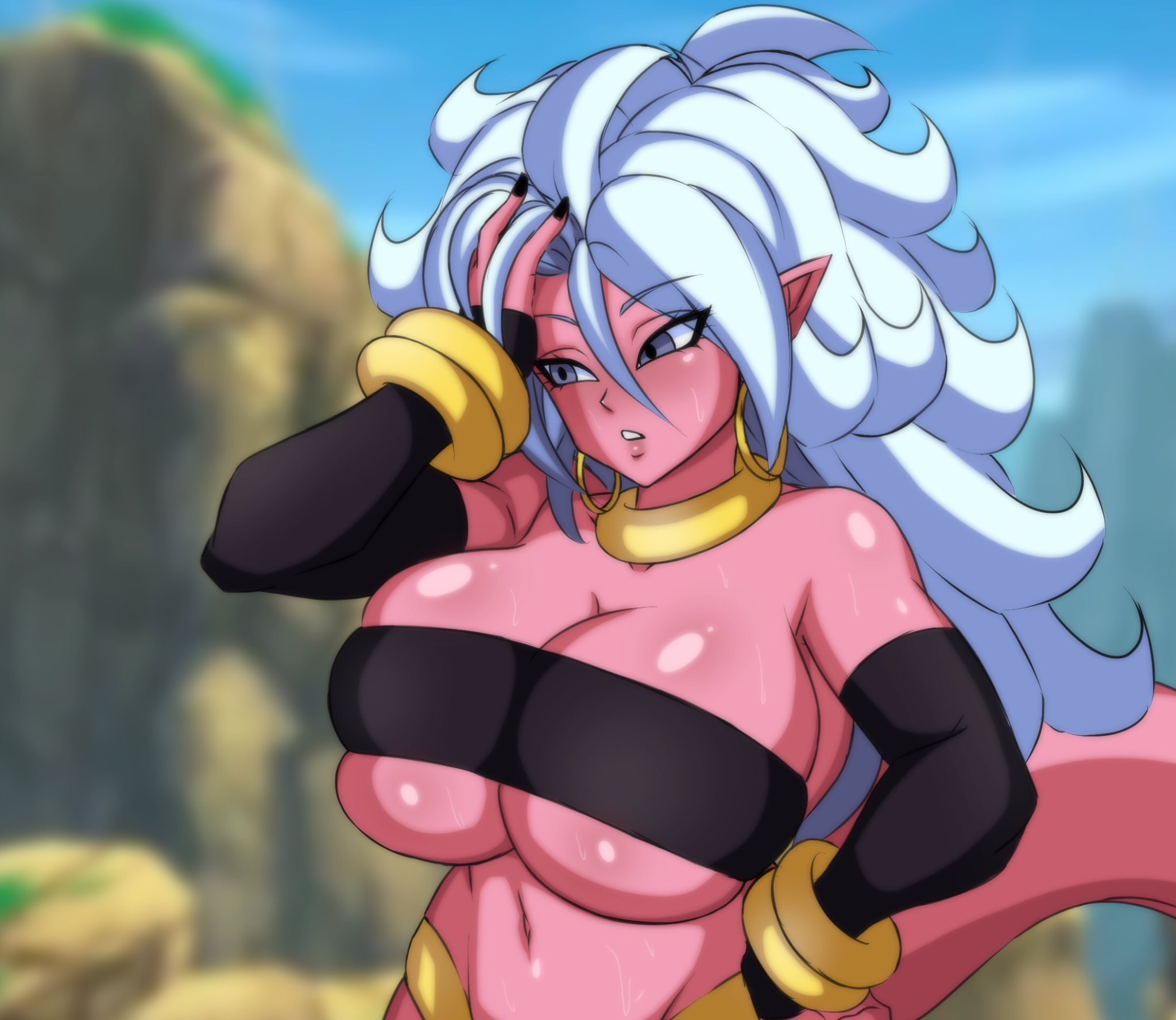 android 21, android 21 (good), big breasts, bio-android (dragon ball), blue eyes, bracelet, bracelets, breasts, choker, cleavage, darwaarts, dragon ball, dragon ball fighterz, enormous breasts, female, giant breasts, gigantic breasts, gold jewelry, hand on head, hand on hip, hoop earrings, huge breasts, jewelry, large breasts, majin android 21, massive breasts, midriff, navel, outdoors, outside, pink skin, plump lips, sweat, sweatdrop, sweating, tail, tight clothes, tight clothing, tight fit, tube top, tubetop, wavy hair, white hair
