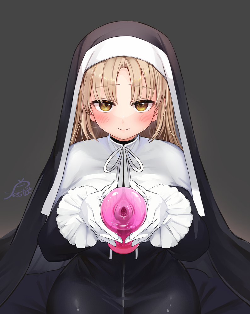 artificial_vagina bangs black_dress blonde_hair blush breasts brown_eyes brown_hair capelet closed_mouth commentary_request dress female festa11307070 frilled_gloves frills full-length_zipper gloves grey_background habit high_collar holding large_breasts light_brown_hair long_dress long_hair long_sleeves looking_at_viewer nijisanji nun sex_toy signature simple_background sister_cleaire smile solo straight_hair virtual_youtuber white_capelet white_gloves yellow_eyes zipper zipper_dress