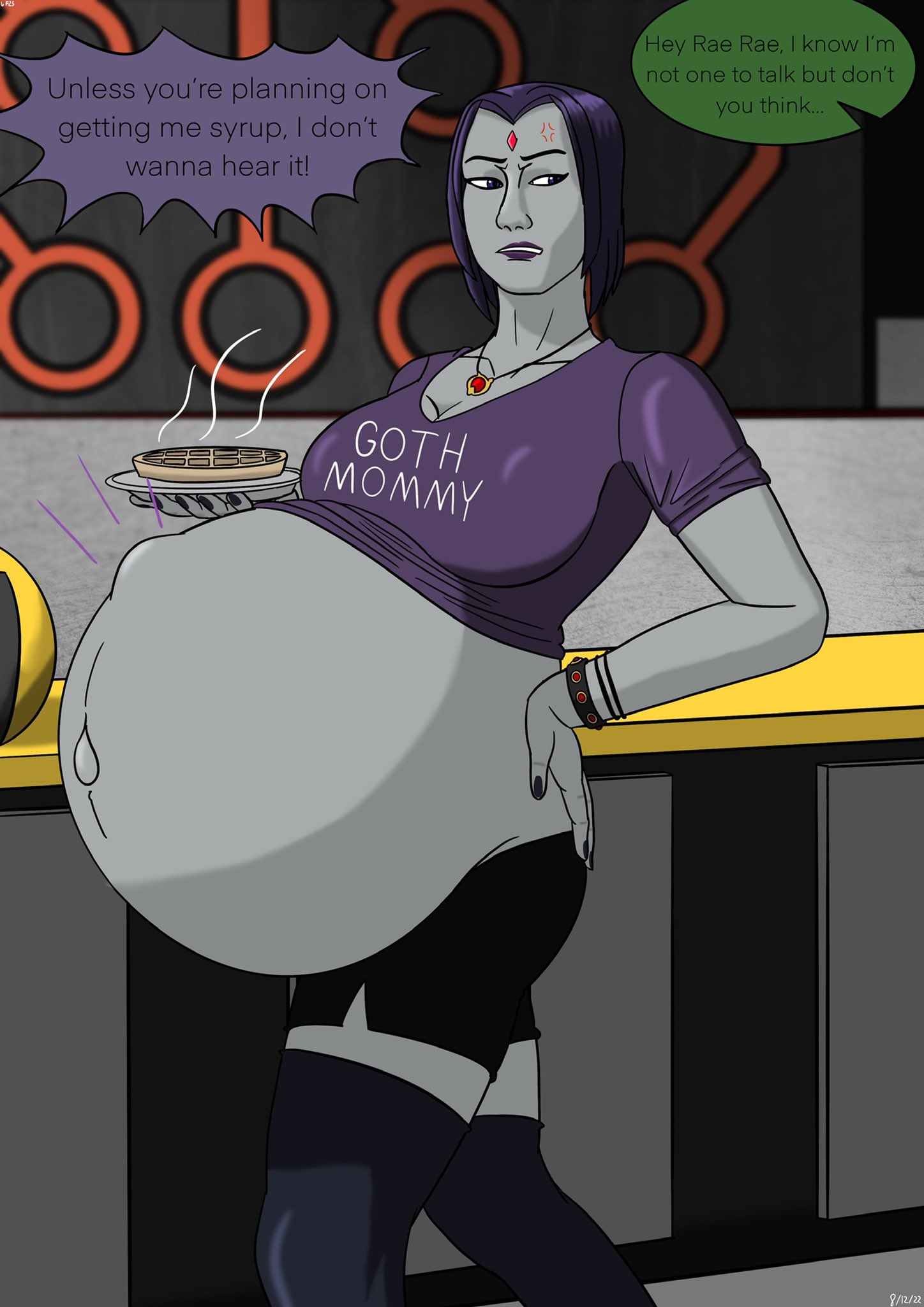 1girls, 2d, beast boy, belly, big belly, big breasts, breasts, cleavage, dc, dc comics, dialogue, female, fetal movement, food, goth, goth girl, grey skin, grey-skinned female, hand on hip, large breasts, modensfw, necklace, outie navel, plate, pregnant, rachel roth, raven (dc), teen titans, text, thighhighs