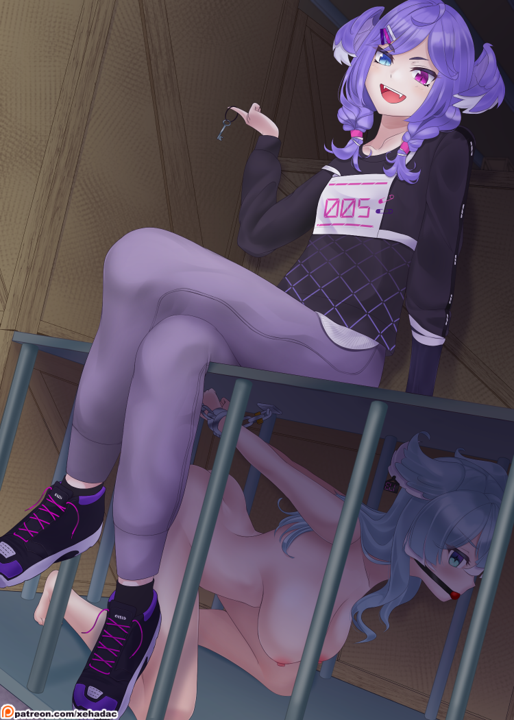 2girls ball_gag blue_hair bondage braided_hair breasts cage clothed_female_nude_female dragon_girl elira_pendora fully_clothed head_wings key multiple_girls nijisanji nijisanji_en nipples nude_female on_knees purple_hair selen_tatsuki siblings sisters sitting virtual_youtuber vtuber xehadac